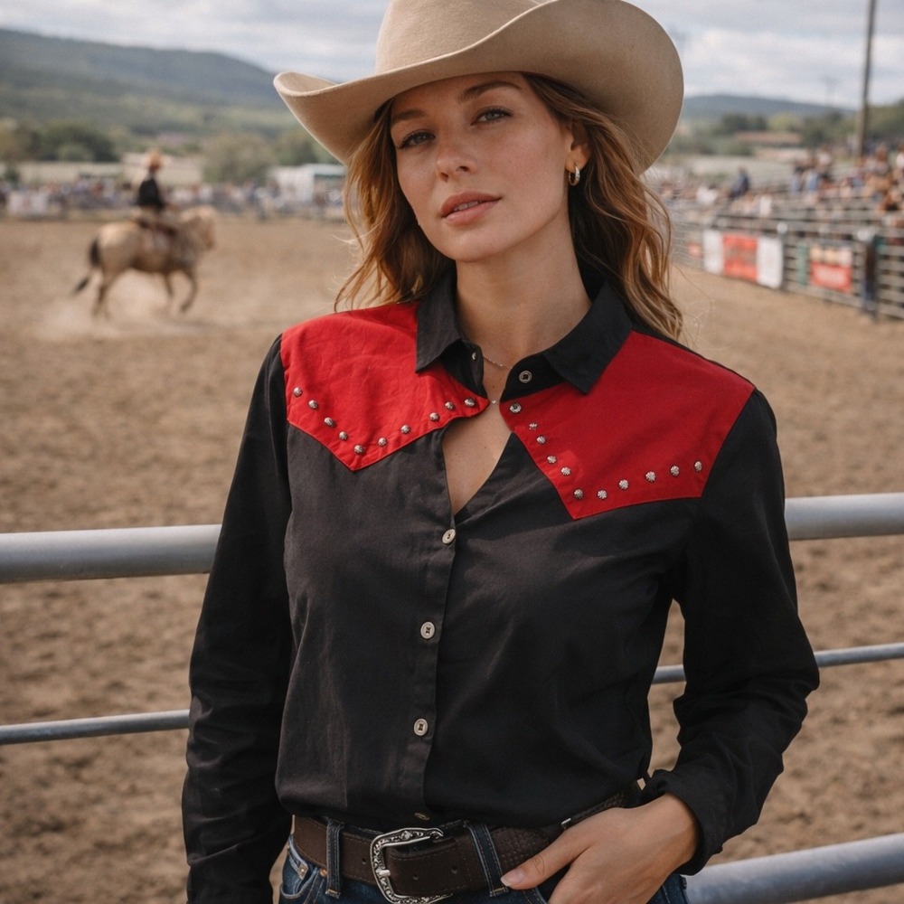 Vintage Western Studded Keyhole Yoke Shirt Womens‎ XL Cowgirl Rodeo Rockabilly
